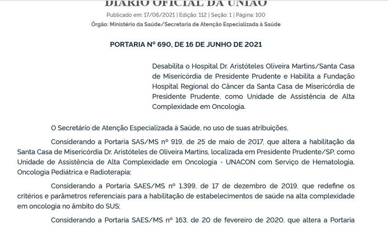 Após 24h, Ministério da Saúde publica habilitação do HC de Prudente