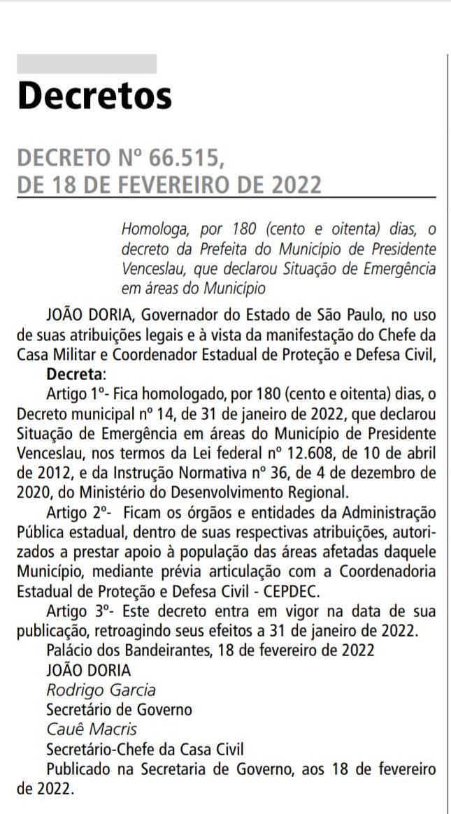 Doria homologa estado de emergência em Presidente Venceslau em razão das chuvas Doria homologa estado de emergência em Presidente Venceslau em razão das chuvas