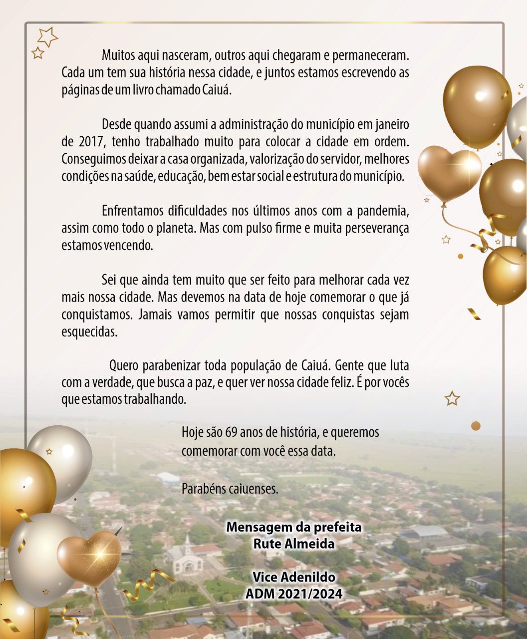 Prefeita Rute Almeida parabeniza caiuenses pelo aniversário de 69 da cidade