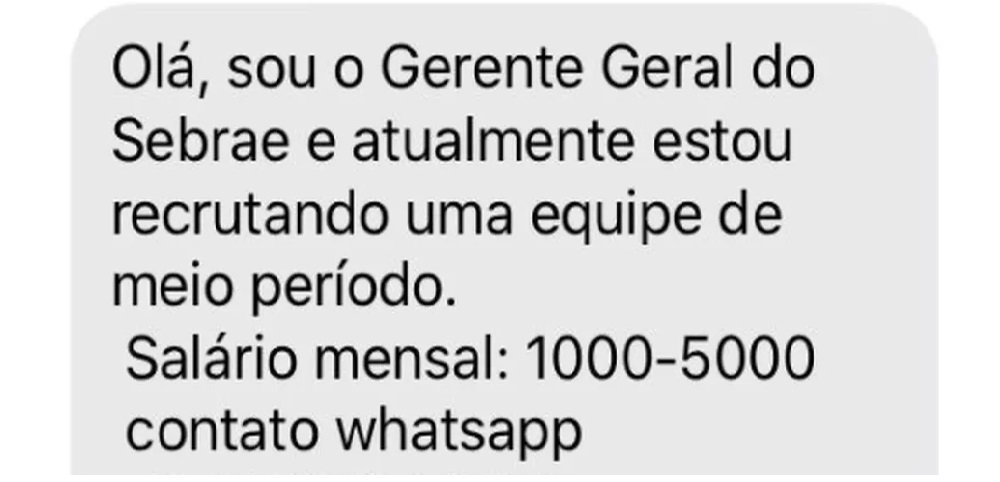 Golpe do emprego: SMS com oferta de trabalho para o Sebrae chama atenção de internautas e reacende alerta Golpe do emprego: SMS com oferta de trabalho para o Sebrae chama atenção de internautas e reacende alerta