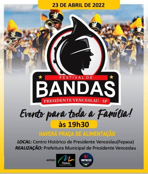 Sete cidades irão se apresentar no Festival de Bandas, em Presidente Venceslau