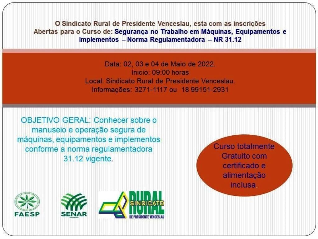 Curso de segurança no trabalho em máquinas será realizado em Presidente Venceslau Curso de segurança no trabalho em máquinas será realizado em Presidente Venceslau