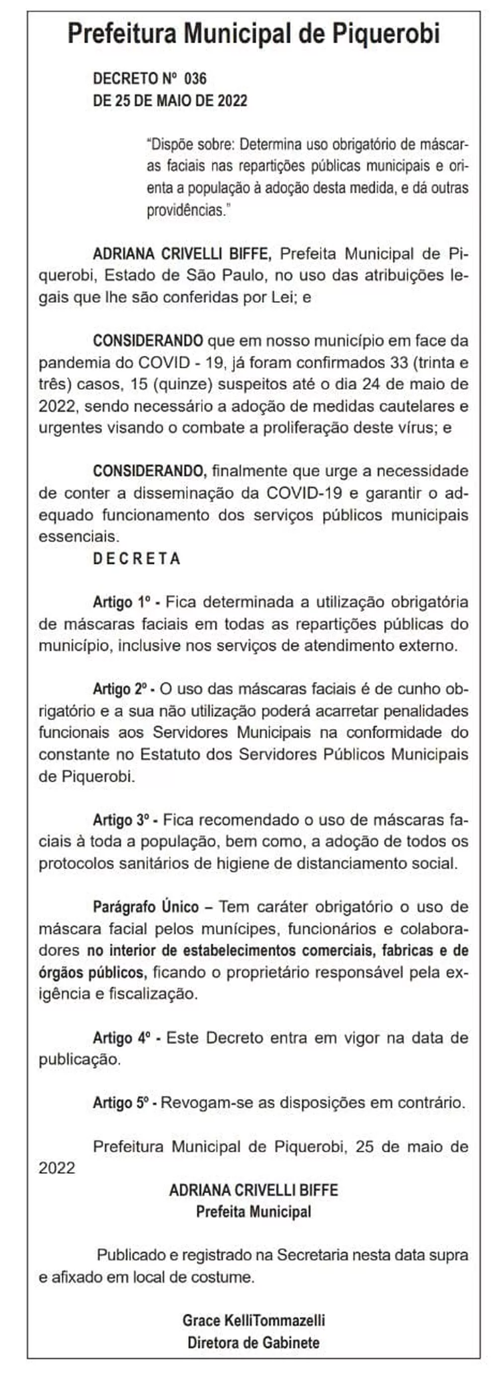 Piquerobi determina obrigatoriedade do uso de máscaras de proteção facial contra a Covid-19 nas repartições públicas
