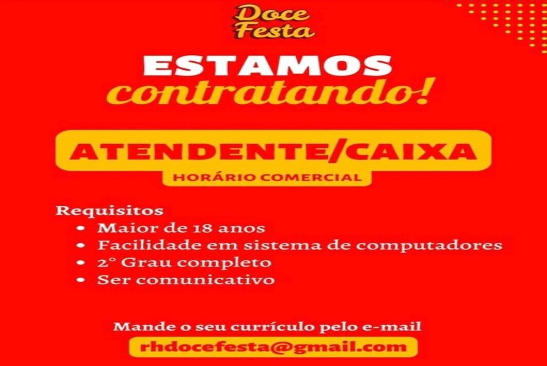 'Vaga de Emprego'; Oportunidade na área de atendente/caixa, em Venceslau; Currículos devem ser enviados através de email!