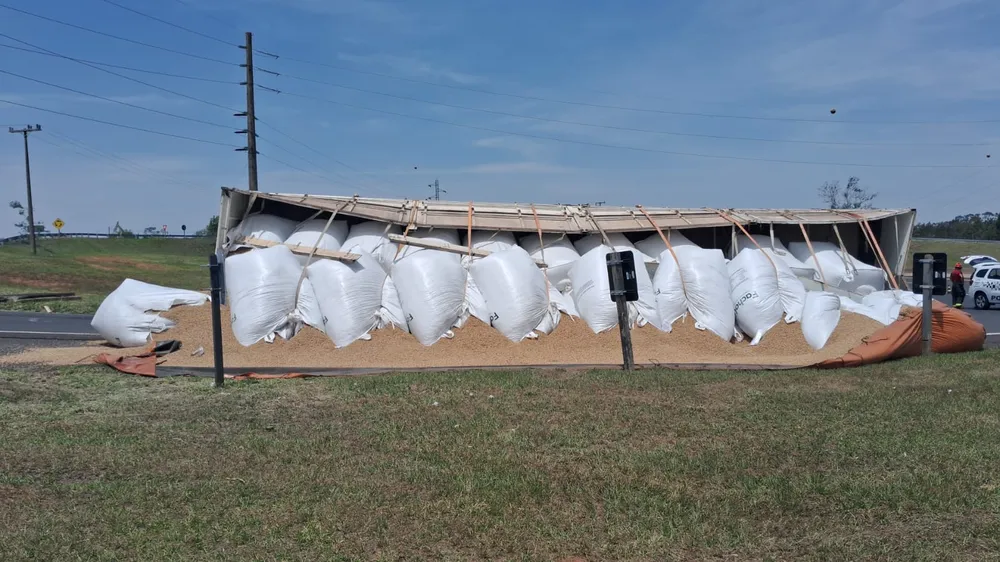 'Acidente na Rodovia'; Carreta tomba em alça de acesso e derrama carga de ração animal na pista, em Venceslau!