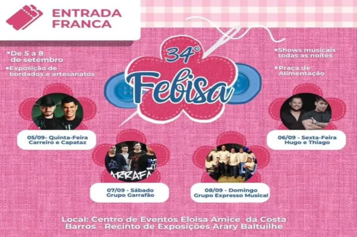 '34ª Febisa'; Com exposições, praça de alimentação e shows dos sertanejos Carreiro e Capataz e Hugo e Thiago, evento tem início está noite em Santo Anastácio; Até domingo e aberto ao público!