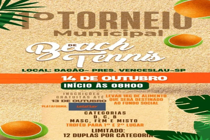 'Beach Tennis'; 1º Torneio Municipal da modalidade, tem inscrições gratuitas abertas, e será realizado na quadra de areia do Dagão, em Venceslau; Dia 14 de outubro!