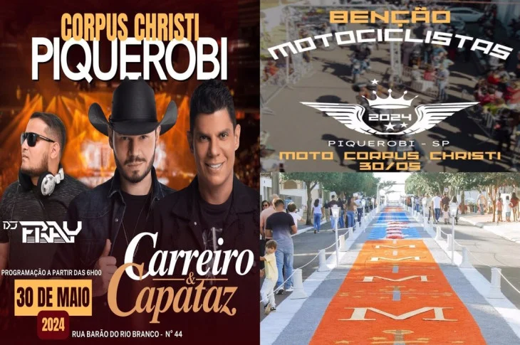 'Corpus Christi em Piquerobi'; Com 57 anos de celebração, feriado tem programação completa com confecção dos tapetes, missa, quermesse e shows do DJ Fray e dos sertanejos Carreiro e Capataz!