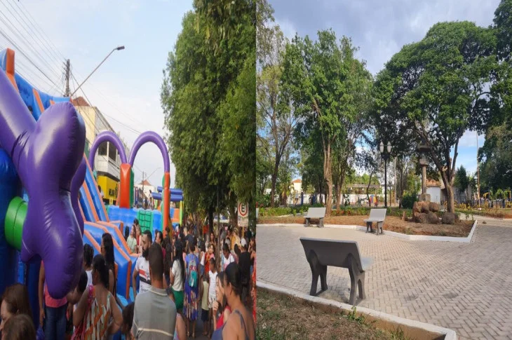'Obras Concluídas'; Após melhorias e a instalação de parklet, reinauguração da Praça Nicolino Rondó acontece agora, com brincadeiras em estruturas infláveis e atrações para a criançada, em Venceslau; Gratuito, até o início da noite!