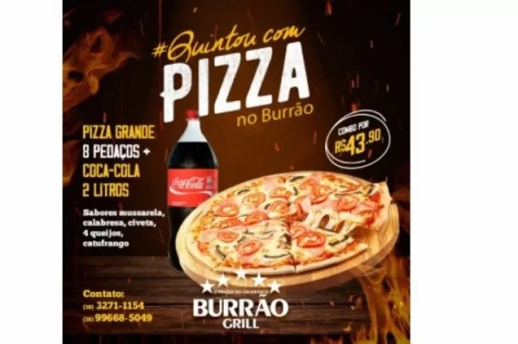Compre pizza e ganhe Coca de 2l nesta quinta no Burrão Grill