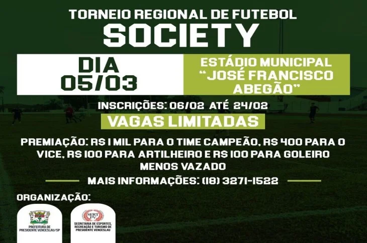 Em março; Prefeitura de Venceslau organizará Torneio de Futebol Society 