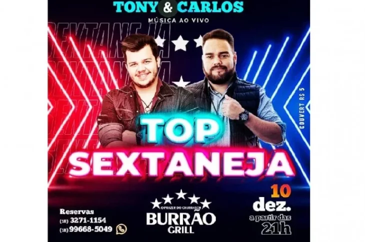 Nesta sexta-feira tem música ao vivo com Tony e Carlos no Burrão Grill