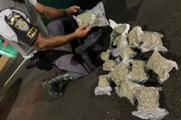 Passageira de ônibus é presa após fiscalização policial encontrar 21 pacotes de skank em mochila, em Venceslau