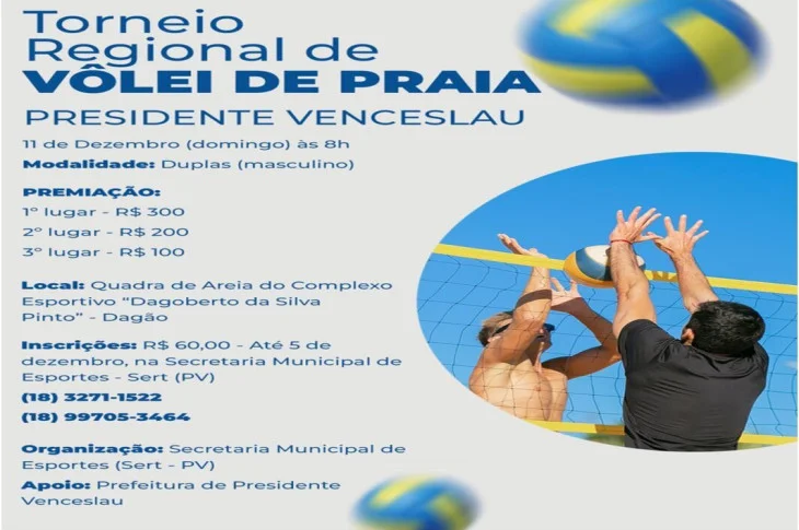 Presidente Venceslau receberá Torneio Regional de Vôlei de Praia; veja como se inscrever
