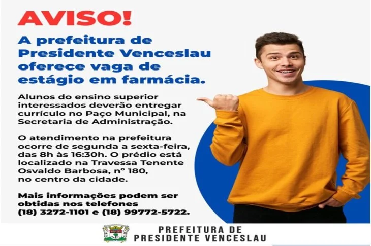 Vaga de Estágio; Prefeitura de Venceslau oferece oportunidade em Farmácia